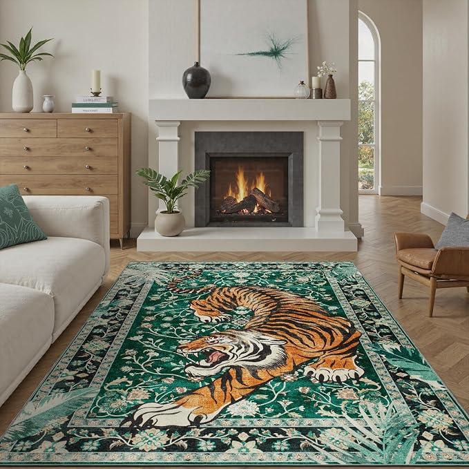 DCX Washable 8x10 Tiger Area Rug, Green Vintage Animal Rug for Living Room, Soft Low Pile Carpet, Kid & Pet Friendly with Rubber Back Non Slip, Stain Resistant Rug for Bedroom Dining Room Office