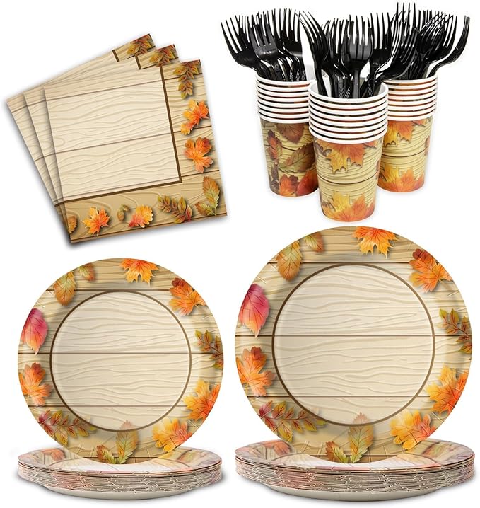 Fall Thanksgiving Birthday Party Plates and Napkins Decorations Kit, Wooden Grain Maple Leaf Tableware Supplies for Birthday Leaves Favors Party Decor Service 24 Guests