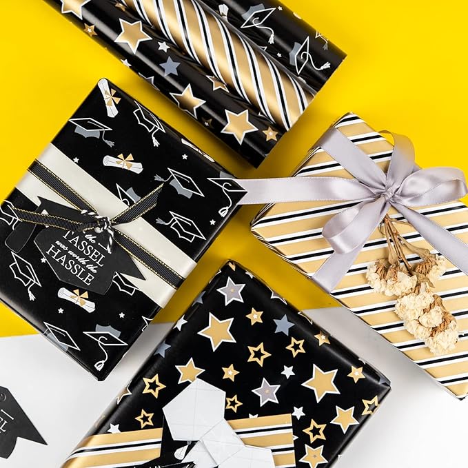 MAYPLUSS Graduation Gift Wrapping Paper Roll - 17in x 120in Per Roll - Black Gold Foil Star, Stripe & Graduation Cap Gift Wrap Paper Sheets for Party, High School, College, Annusarily Back to School