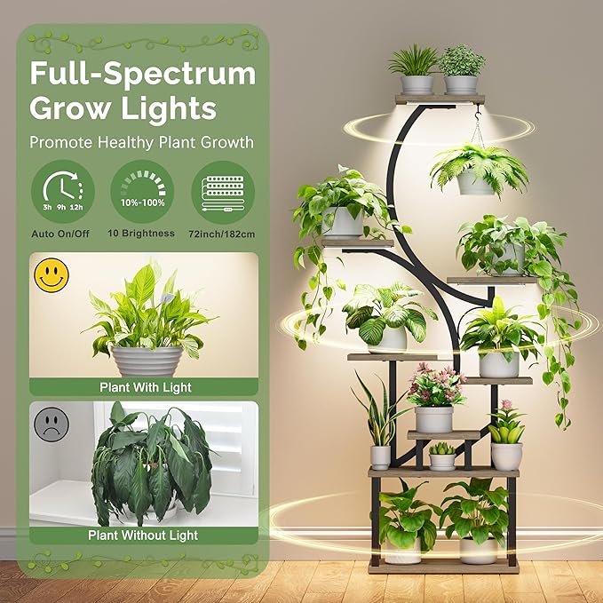 Plant Stand with Grow Lights for Indoor Plants, 8-Tiered Tall Corner Plant Shelf with Full Spectrum Light, S-Shaped Space-Saving Narrow Flower Holder, Anti-Tip for Living Room Bedroom Office, Grey