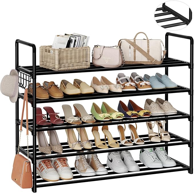 HOMICKER Metal Shoe Organizer,5 Tiers Shoe Storage Shoe Rack with Hooks,Fit 20-25 Pairs,Adjustable Shoe Shelf for Entryway,Hallway,Bedroom,Metal Bottom Support