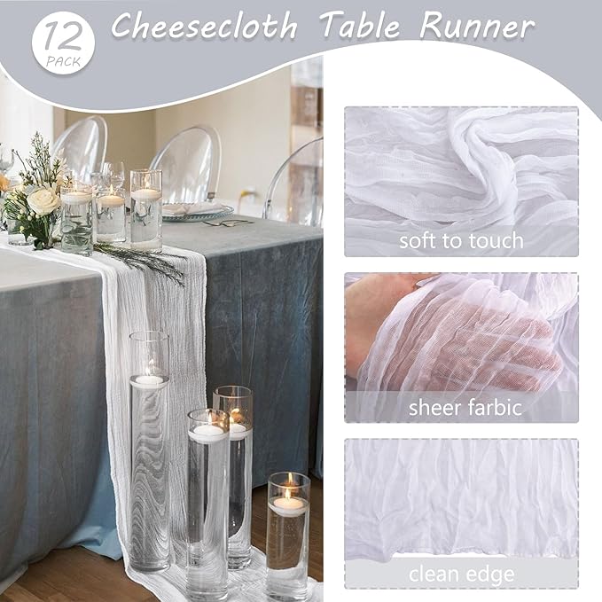 12 Pack 10Ft Cheesecloth Table Runner 35x120 Inch Boho Gauze Table Runner Rustic Cheese Cloth Long Romantic Table Runners for Wedding Bridal Shower Birthday Party Table Decor (White)