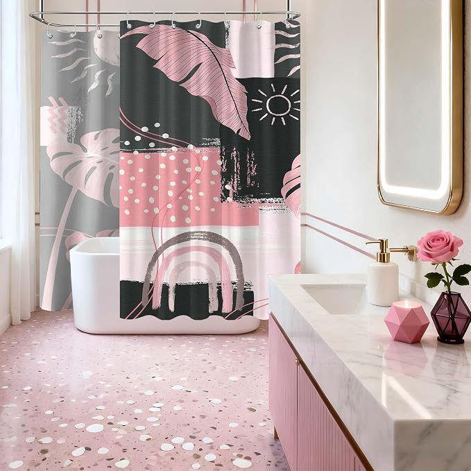 Extra Long Shower Curtain Extra Tall Pink and Gray XL Abstract Grey Bohemian Shower Curtains for Large Bathroom Decor Sets, Waterproof Cloth Fabric with Hooks, 108x72 Inch