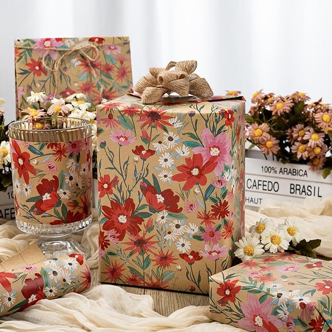 Burymento Kraft Daisy Flowers Wrapping Paper, Cut Auxiliary Line Design Gift Wrap for Baby Shower, Birthday, Valentines, Mothers day, Graduation, Wedding, Fathers day, Christmas (17 Inch X 32.8 Feet)