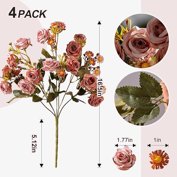 Artificial Rose Flowers for Outdoor 4 Bundles Rose Bouquet with Daisy Faux Flowers UV Resistant for Home Indoor Outside Garden Porch Window Box Balcony Yard Porch Fall Decor (Brown)