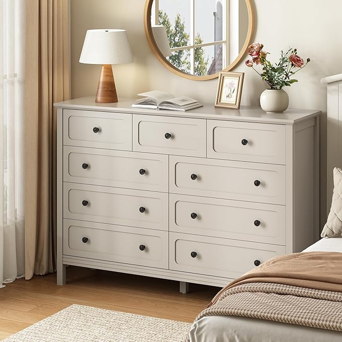 CARPETNAL Beige Dresser for Bedroom, 55" Wide 9 Drawer Dresser with Metal Handles and Deep Drawers, Modern Large Wood Chest of Drawers for Living Room, Hallway.