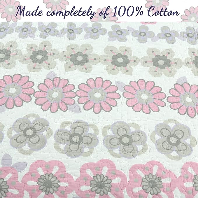 Cozy Line Home Fashions Whimsical Purple Lavender Pink Floral 100% Cotton Girls Reversible Quilt Bedding Set, Bedspread, Coverlet (Lilac Bloom, Twin - 2 Piece)