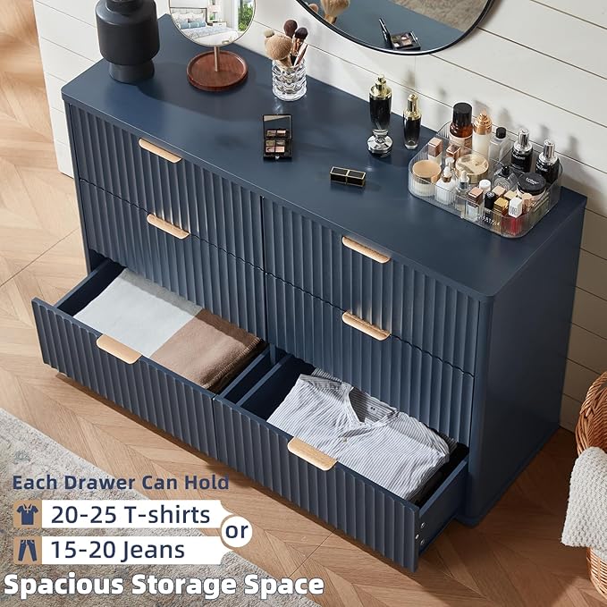 LEYAOYAO Fluted 6 Drawers Dresser, 48" Wide Modern Chest of Drawers with Woodgrain Top, Curved Profile Design, Dresser TV Stand, Wood Drawer Organizer for Bedroom, Living Room, Hallway,Blue
