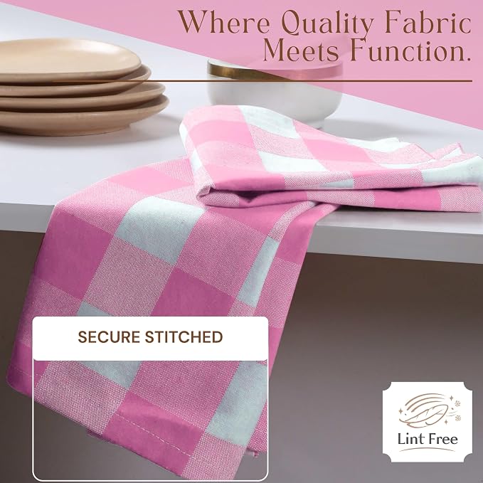 Buffalo Check 12 Pack Kitchen Towels, 16"x26", Plaid Dish Towels, 100% Cotton, Absorbent, Washable, Everyday Kitchen Essentials, Soft Cloths for Cleaning, Drying Hands, Pink White