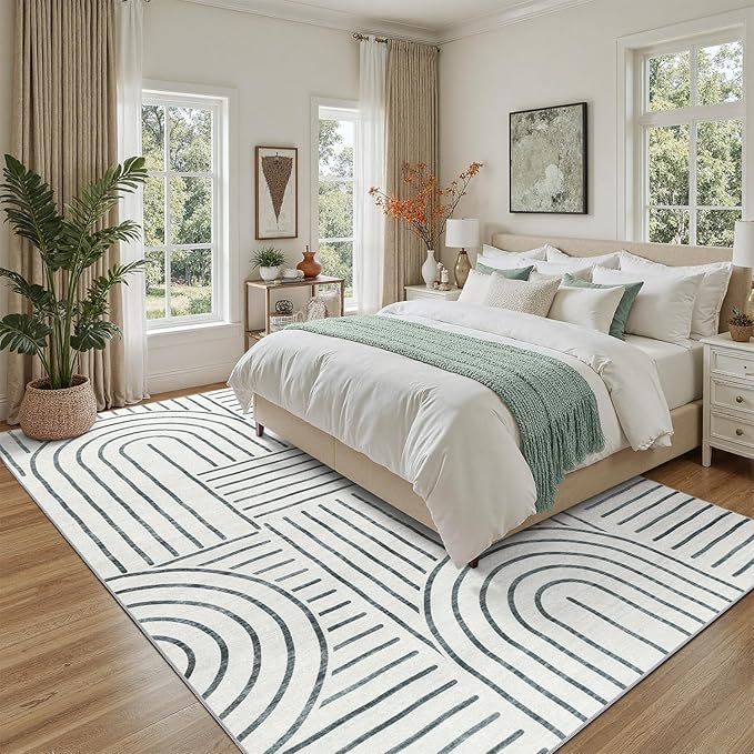 DCX Abstract Machine Washable 8x10 Rug, Gray Modern Accent Rug for Living Room, Soft Low Pile Non Slip Carpet, Kid & Pet Friendly Stain Resistant Rug for Bedroom Dining Room Office