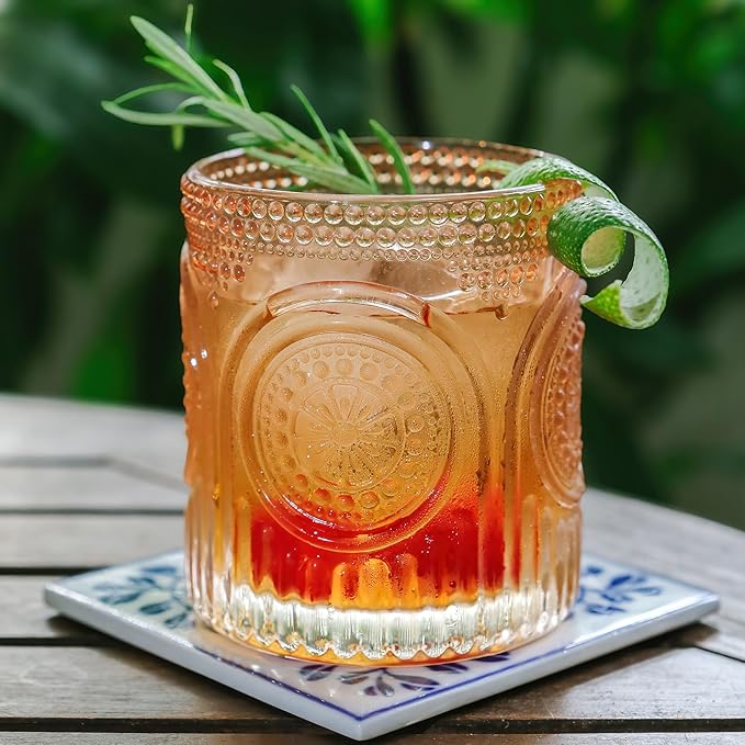 Ribbed Retro Arch Floral Rose Gold Drinking Glasses Set of 6, (10 oz) Vintage Glassware Set by Kate Aspen| Cocktail Glass Set, Juice Glass, Water Cups | Great Hostess Gift & Gift for New Home Owners