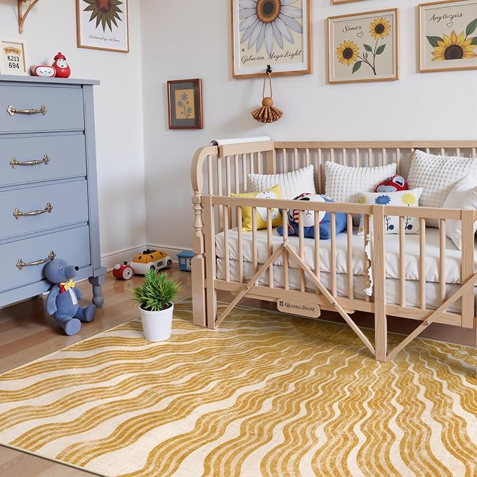 Hedlive Boho Washable Rugs 5x7, Sun Print Soft Nursery Rug for Bedroom Classroom, Ultra-Thin Non Slip Stain Resistant Kids Carpet for Living Room Office(5'x 7',Gold/Multi)