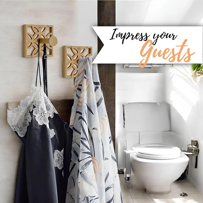 Autumn Alley Antique Gold Hooks, Bathroom Towel Hook, Robe Hook Wall Mounted - Decorative Wall Hooks for Towel, Robe, Coat and Door for Bathroom Modern Unique Style, 2 Pack