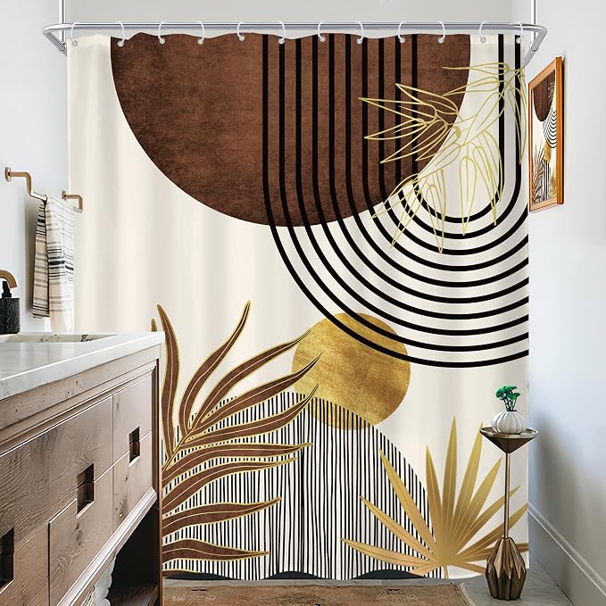 KOMLLEX Mid Century Brown Boho Shower Curtain for Bathroom Decor 72Wx84H Inches Abstract Modern Beige Gold Minimalist Bohemian Geometric Simple Fabric Waterproof Polyester 12 Pack Hooks Pack Hooks