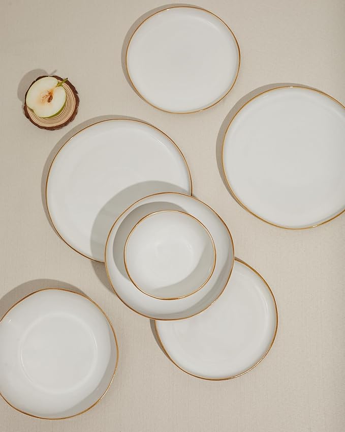 Pokini 24 Piece White Ceramic Plates and Bowls Sets for 8, Reactive Glaze Stoneware with Coastal‑Line Look | Ideal for Holiday Entertaining, Thanksgiving, and Large Family Meals