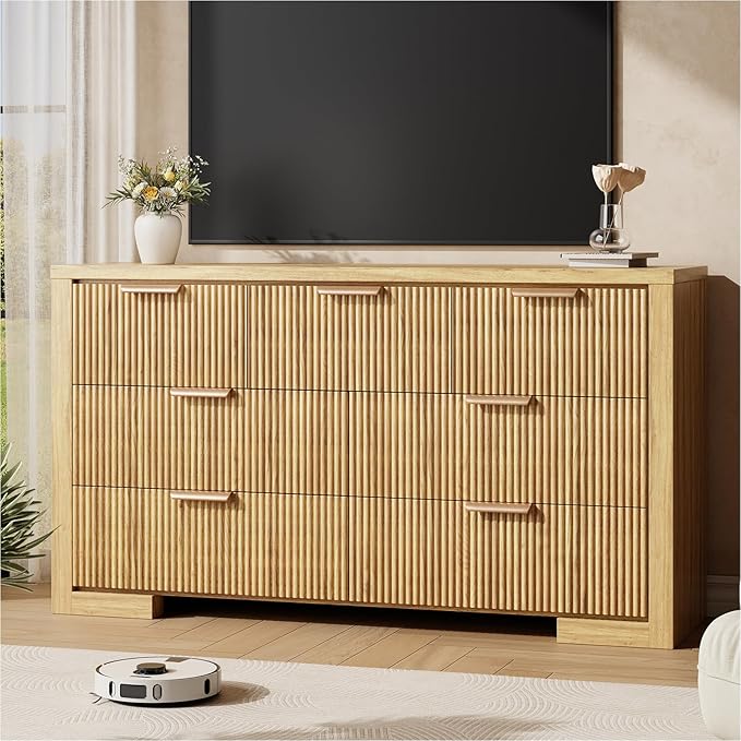 Fluted Dresser for Bedroom, 7 Drawer Dresser with Gold Handle, 54" Wide Chest of Drawers, Modern Wood Dressers Organizer for Bedroom, Liveroom, Entryway, Natural Oak