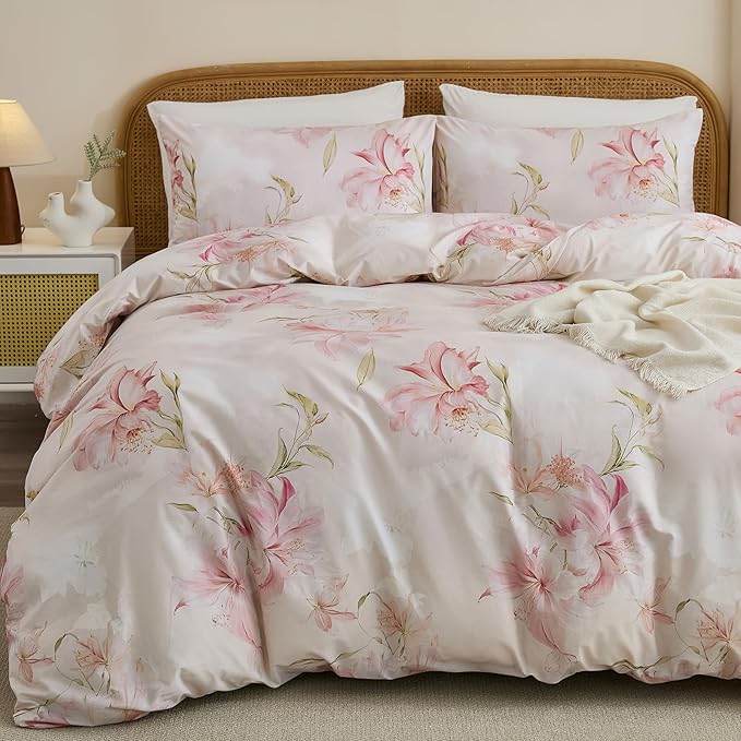 100% Cotton Duvet Cover Queen Size – Elegant Blush Lily Pink Floral Duvet Cover Set with Zipper Closure, 3-Piece Soft Breathable Natural Cotton Bedding Set for All Seasons