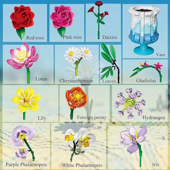 Flower Building Set with Vase, Artificial Botanical Flower Set for Adults Women, Home Décor Display, Romantic Gift for Christmas, Valentine’s Day, Compatible with Lego Flower, 956 PCS
