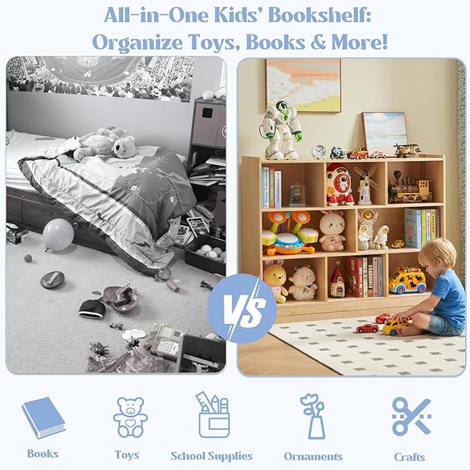 Montessori Shelf 8-Section Wooden Storage Cabinet, 3-Shelf Toy Organizers and Storage, Kids Classroom Organizer, Playroom, Daycare and Preschool