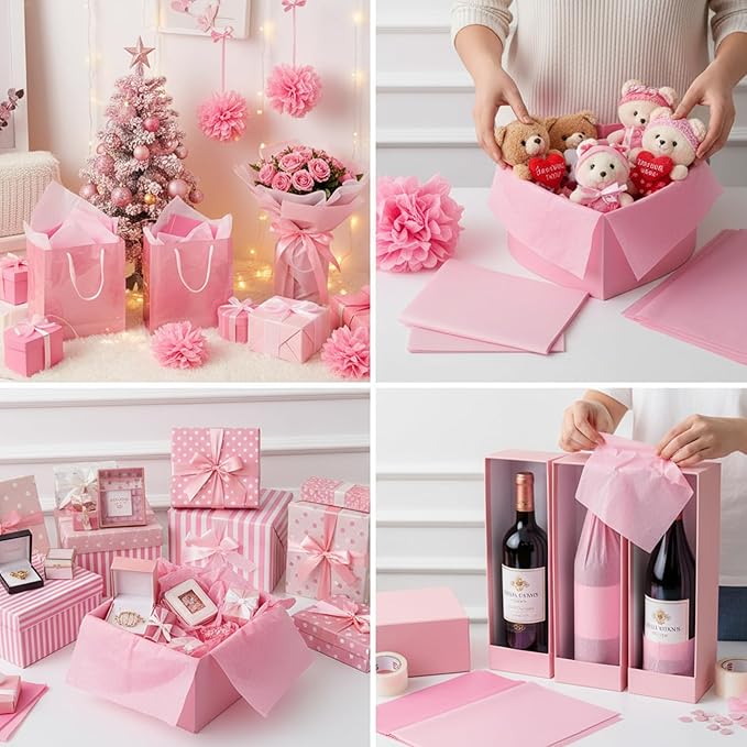 Qilery 500 Sheets Pink Tissue Paper Bulk for Gift Bags 20 x 30 Inch Acid Free Wrapping Paper Sheets for Christmas Decoration DIY Crafts, Packing Supplies for Moving, Wedding Party, DIY Flowers