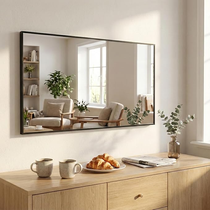 48"x30" Black Landscape Bathroom Mirror for 48-60 inch Vanity, Shatterproof Tempered Glass, Narrow Metal Frame, Ultra-Flush Mount