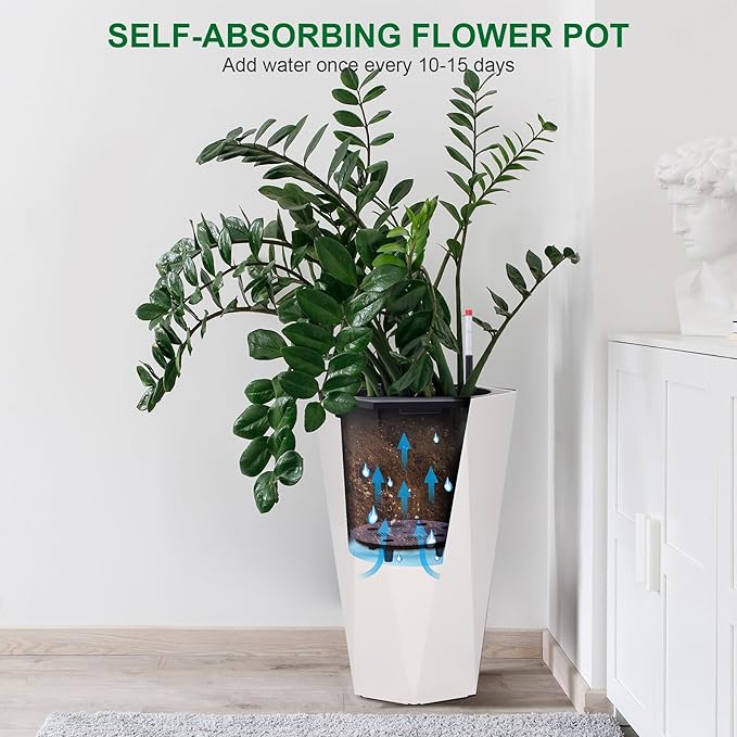 22.4 Inch Tall Planters for Outdoor Indoor Plants Set of 2, Tapered Large Flower Pots with 2 Trays and a Water Level Monitor with Wheels Planter Pots, Plant Pot for Patio, Balcony, Lounge
