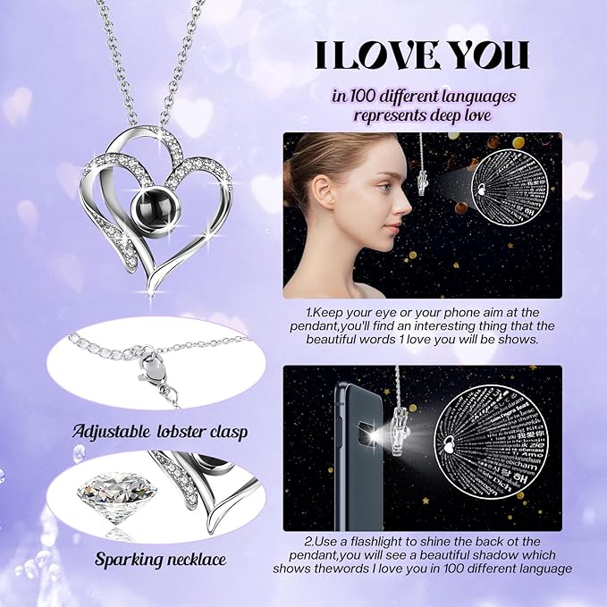 Christmas Birthday Gifts for Women - Preserved Real Rose with I Love You Heart 100-Language Necklace, LED Lights & Music Gift Box, Christmas for Women Girlfriend Mom