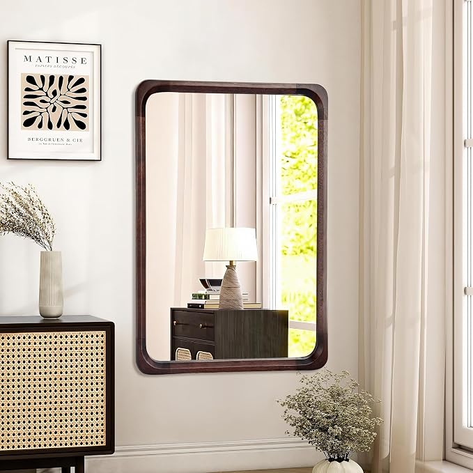 Tanmicoshomy Wood Bathroom Mirror 26 x 40 Inch, Solid Wood Framed Rectangle Mirrors with Tempered Glass for Living Room Bedroom Office or Entryway(Dark Brown)