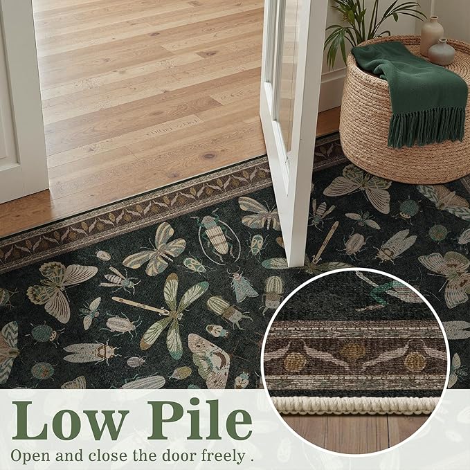 DCX 4x6 Washable Insect Rug, Vintage Gothic Black Rug with Non-Slip Rubber Backing, Soft Low-Pile, Stain-Resistant, Kid & Pet Friendly, for Living Room, Bedroom, Office, and Nature-Themed Decor