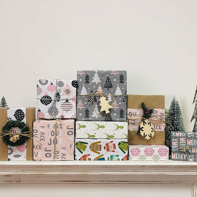 WRAPAHOLIC 30 Inch Christmas Wrapping Paper Roll - Jumbo Roll Rustic Kraft Pink and Grey Christmas Set for Holiday, Party Deco - 4 Rolls - 30 Inch x 120 Inch Per Roll
