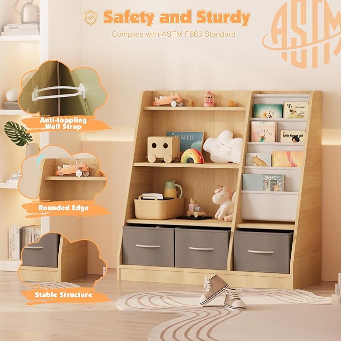 NACHES Kids Bookshelf and Toy Storage Organizer, Montessori Nursery Book Shelves with Sling Rack & Fabric Toy Bins, Children Toddler Baby Bookcase, Wooden Toy Shelf for Kids Room, Playroom, Burlywood