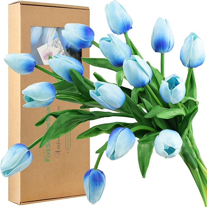 FiveSeasonStuff Real Touch Tulips Artificial Flowers – 15 Stems Faux Tulip Bouquet in Gift Box for Wedding, Home Decor, Party, Floral Arrangements (Maya Blue)