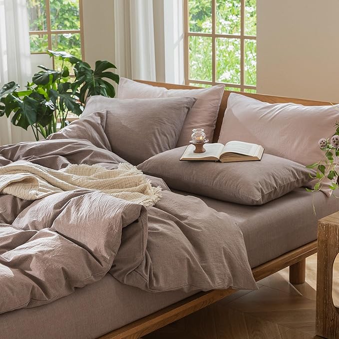 MooMee Bedding Duvet Cover Set 100% Washed Cotton Linen Like Textured Breathable Durable Soft Comfy (Heathered Mauve Brown, Oversized Queen 98"x98")