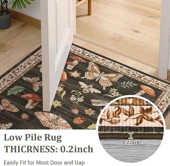 Washable 2x6 Vintage Runners for Hallway Entryway Retro Distressed Kitchen Carpet Runner Low Pile Soft Bedside Boho Carpet Non Slip Bath Rug Mushroom Floral Accent Carpets, Brown