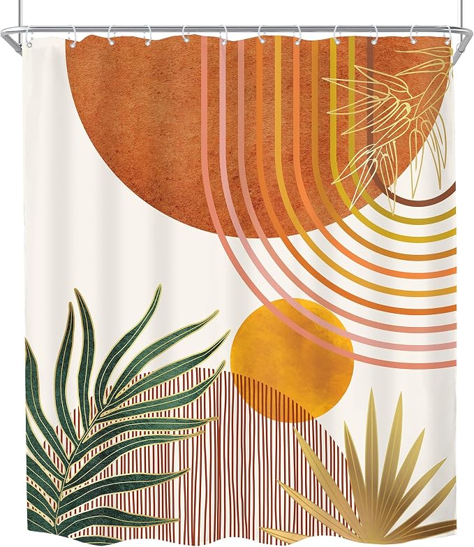 KOMLLEX Mid Century Orange Boho Shower Curtain 60Wx72L Inches Abstract Modern Shower Curtains for Bathroom Decor Plant Botanical Minimalist Arch Sun Fabric Liner Waterproof Polyester 12 Pack Hooks