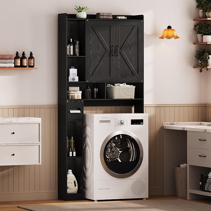 Over the Toilet Storage Cabinet, 31.1”W Bathroom Organizer with Double Doors, Above Toilet Rack, Detachable Toilet Paper Holder for Bathroom & Laundry Room Black