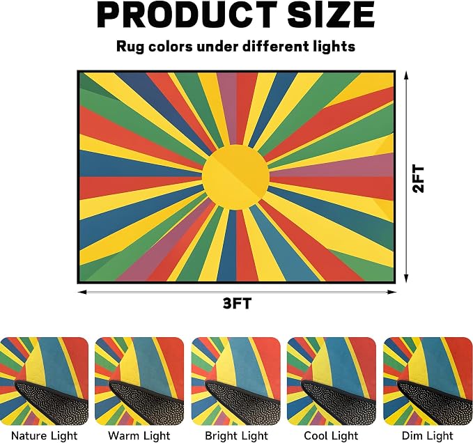 Rainbow Sunburst Area Rug Colorful Geometric Sun Carpet Soft Non-Slip Washable Floor Mat for Entryway Bedroom Living Room Nursery Playroom Classroom Home Decor,2'x3'