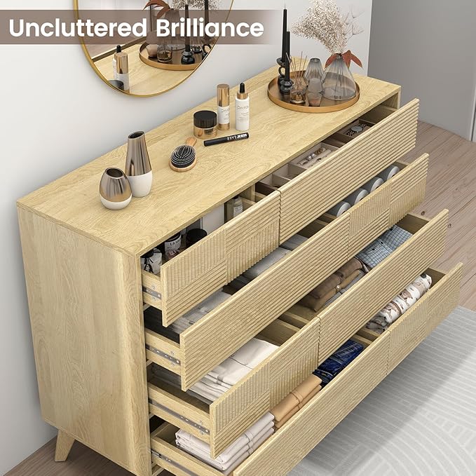 Hadulcet Wood Dressers for Bedroom 34” Tall, Large 8 Drawer Dresser TV Stand, Modern Chest of Drawers for Closet Clothes Storage Organizer with Fluted Panel, No Handles Design, Natural Oak