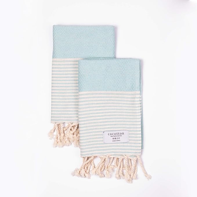 Boho Striped Turkish Hand Towels Set of 2 | 100% Cotton, 16 x 40 Inches | Decorative Bathroom Hair Face Gym Yoga Dishcloth Tea Kitchen Light Weight Quick Dry Farmhouse Towel (Mint)