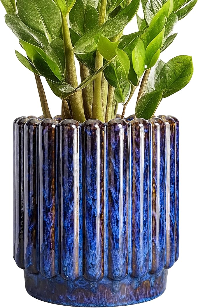 Ceramicfor Ceramic Pots for Plants - 7.6 Inch Plant Pots Indoor with Drainage Hole, Fluted Round Ceramic Planter Outdoor, Modern Flower Planter, Home Office Living Room Decor, Garden Gifts, Blue