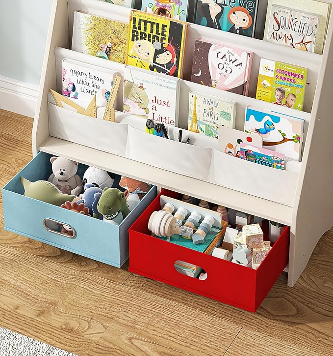 SEIRIONE Sturdy Kids Bookshelf, Tear-Proof Cotton Sling, Eco-Safe Toddler Bookshelf with 2 Cube Bins for Books & Toys, Beige/Wood Texture