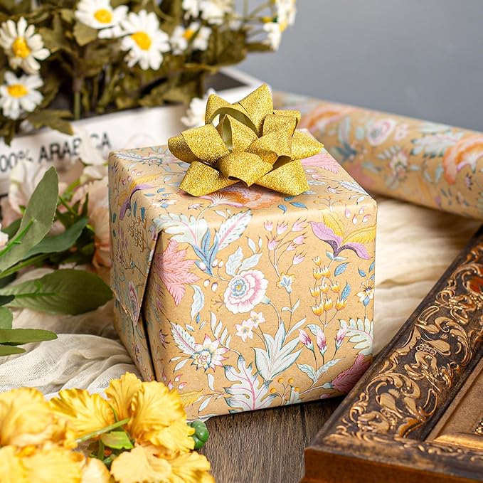 Merture Vintage Kraft Floral Wrapping Paper Roll - 17 In X 32.8 Ft(46.5 sqft) Vibrant Flower Design Gift Wrap for Mothers Day, Valentines Day, Birthday, Wedding, Anniversary, Bridal Shower