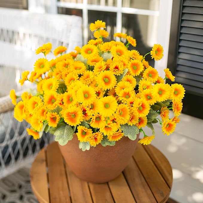 HyeFlora Dahlia Artificial Winter Flowers for Outdoors Decoration, 6 Bundles Fake Daisy Yellow Outdoor Faux Flower Plants Realistic UV Resistant Silk Flowers for Outside Planter Front Door Yard Garden