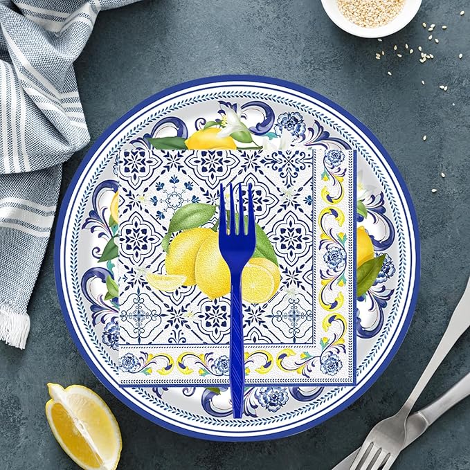 72 Pcs Lemon Paper Plates and Napkins Party Supplies , Blue Tiles Yellow Lemon Party Decorations Disposable Party Plates and Napkins Tableware Set for Birthday Wedding Baby Showe Serves 24 (Lemon)