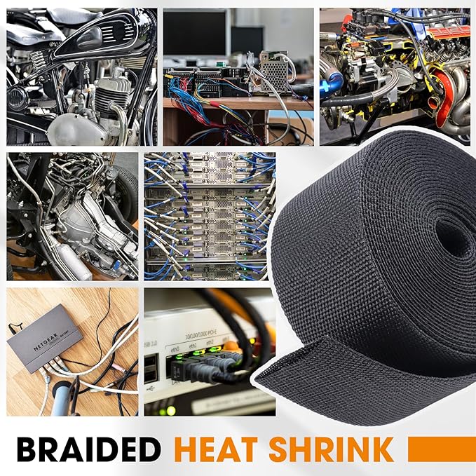 Black 2:1 Ratio Automotive Heat Shrink Braided Sleeving,Wear-Resistant Flat Woven Shrinkable Sleeve Fabric Car Cable Wires Hoses Protection (1"-26ft)