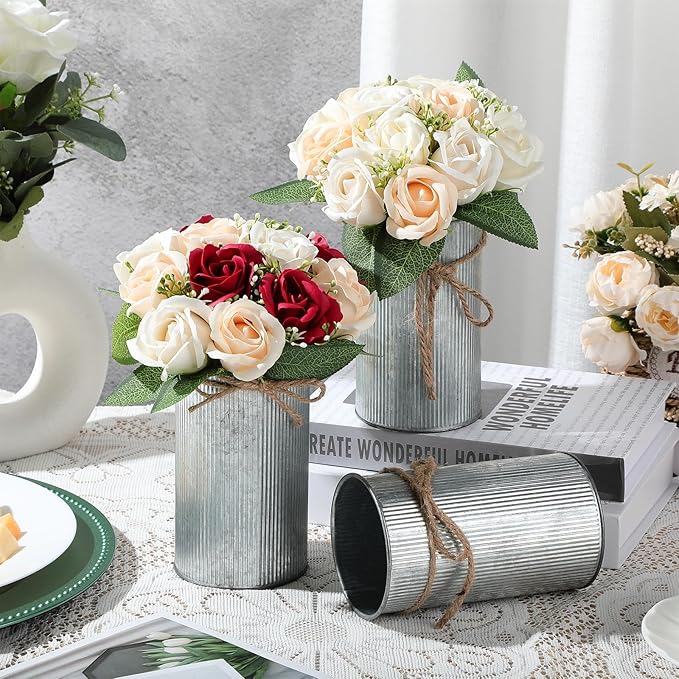 Domensi 5.91 in High Farmhouse Vase Decor Galvanized Metal Flower Vase with Twine Bow Vintage Rustic Tin Flower Buckets for Artificial Floral Table Container DIY(Iron Color,32 Pcs)