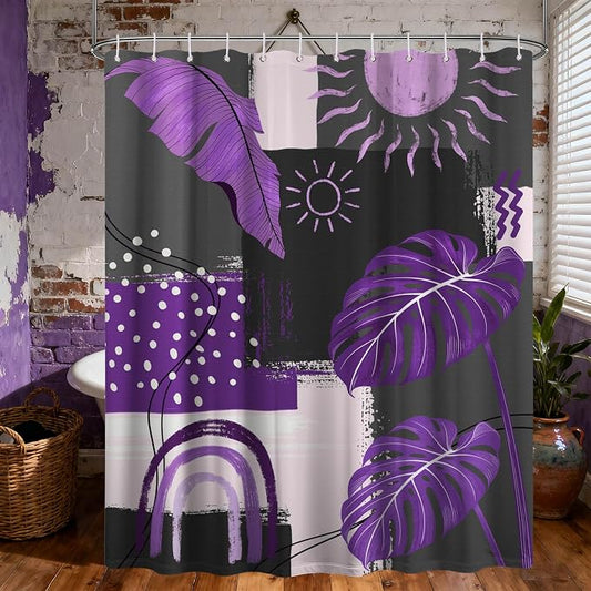 Extra Long Shower Curtain 96 Inchs Extra Tall Purple and Gray Mid Century Modern XL Abstract Shower Curtains for Large Bathroom Decor Sets, Waterproof Cloth Fabric with Hooks, 70 x 96 Inch