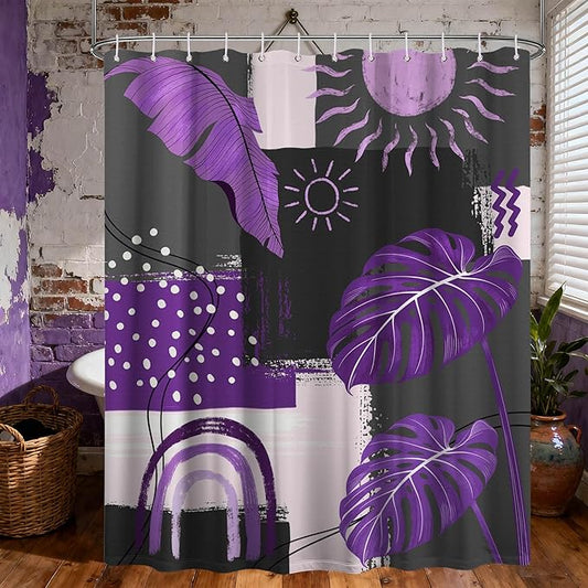 Purple and Gray Mid Century Modern Shower Curtain Bohemian Abstract Dark Purple and Grey Shower Curtains for Bathroom Decor Sets, Waterproof Cloth Fabric with Hooks, 60x72 Inch