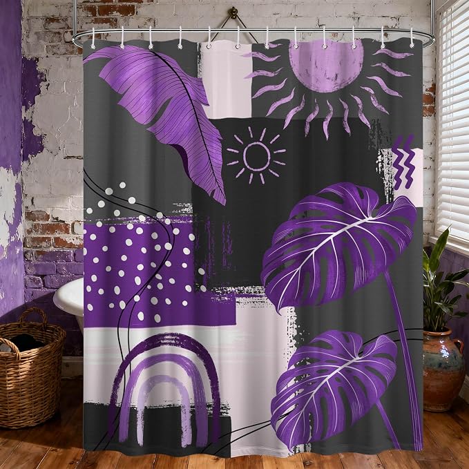 Purple and Gray Mid Century Modern Shower Curtain Bohemian Abstract Dark Purple and Grey Shower Curtains for Bathroom Decor Sets, Waterproof Cloth Fabric with Hooks, 70x78 Inch