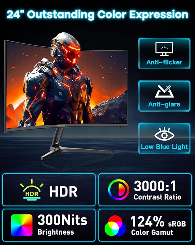 SANSUI 24 Inch Curved 240Hz Gaming Monitor FHD 1080P, 1500R Curve Computer Monitor, 124%sRGB, 3000:1 Contrast Ratio, HDR, FreeSync, MPRT 1Ms, Low Blue Light, HDMI DP ports.(ES-G24C1 PRO DP Cable Incl)